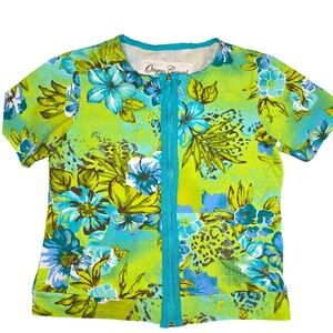 Onque Casuals Womens Small Floral Leopard Zip Up Short Sleeve Top Green Blue